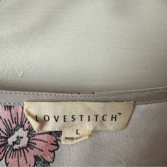 Lovestitch Floral Flowy Blouse Gray Pink Romantic Date Feminine Kimono Sleeve Lg - Picture 11 of 15